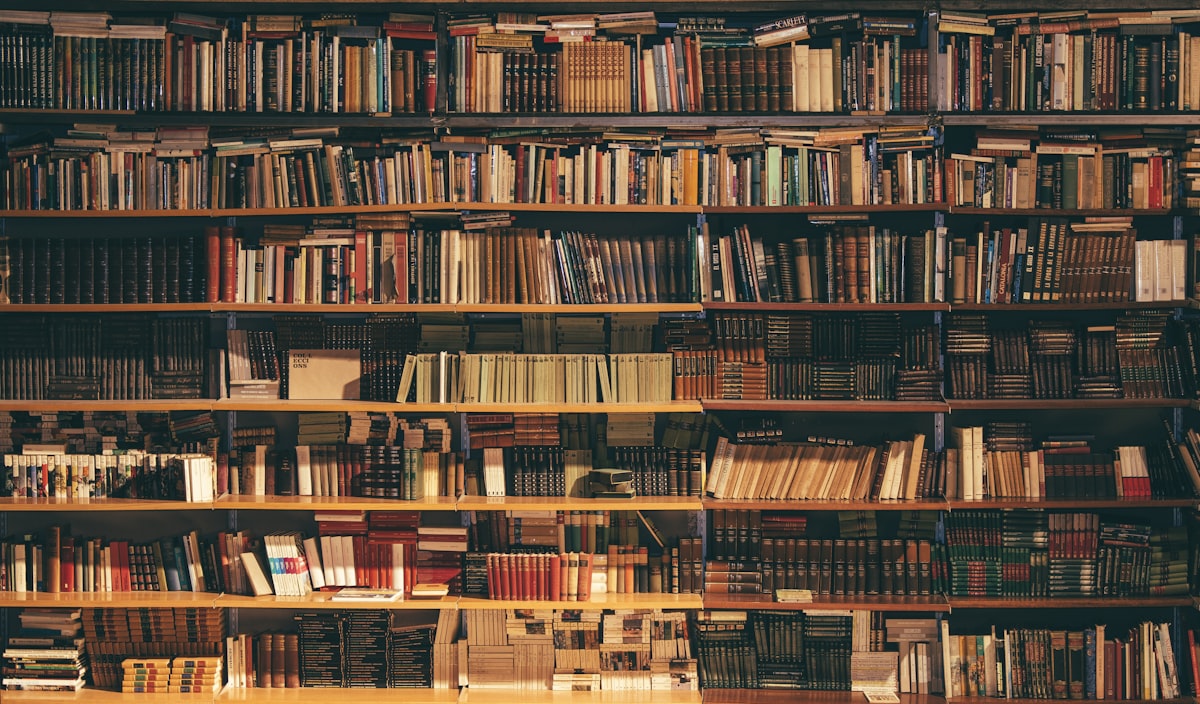 Estantería de biblioteca con libros de distintos colores